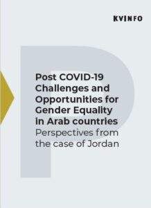 Lyseblå, grafisk forside af rapport med teksten: Post COVID-19 Challelnges and Opportunities for Gender Equality in Arab Countries