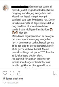 Foto fra KVINFO's Instagramkonto. En kommentar lyder: "Øremærket barsel til mænd.. ja det er godt nok den største omgang sludder jeg længe har hørt. Mænd har ligeså meget krav på barslen i dag som kvinderne har. Dette får ikke mænd til at tage barsel, det vil dog medføre at vores børn bliver sendt 8 uger tidligere i institution (her er der indsat tre emoji'er med klappende hænder). Flot EU!!"
